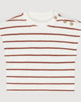 Cotton terry short sleeve shirt with red stripes and wooden buttons
