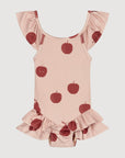 Pink baby girl swimsuit with ruffles and fruit print front view