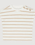 Cotton terry short sleeve shirt with beige stripes and wooden buttons