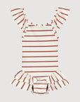 White baby girl swimsuit with ruffles and red stripes front view